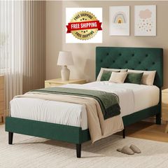 Single Bed Frame with Headboard, 90 X 190, Green Upholstered Bed Frame, Adjustable, Heavy Duty, Easy Assembly, No Box Spring Needed