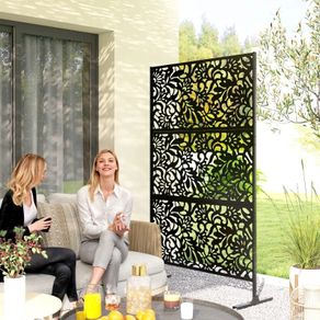 Decorative Outdoor Privacy Panel Garden Claustra 3 Panels Floral Pattern Steel 122 x 45 x 198 cm Black