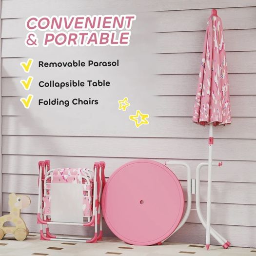 Kids Patio Table and Chair Set, Kids Garden Furniture with Umbrella, 4-Piece Bistro Set for Garden, Pink