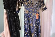 Navy Blue Velvet Gold Sequin Embroidered Evening Gown