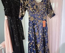 Navy Blue Velvet Gold Sequin Embroidered Evening Gown