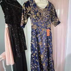 Navy Blue Velvet Gold Sequin Embroidered Evening Gown