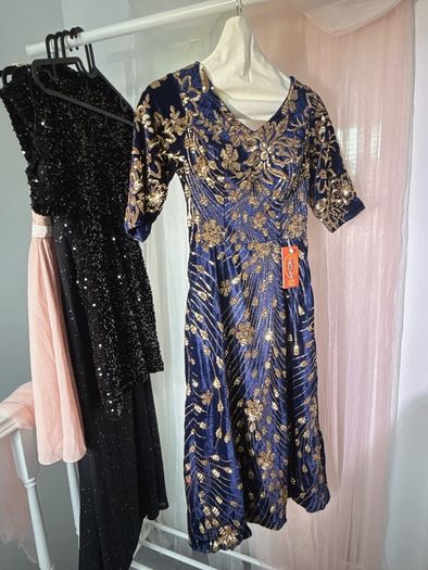 Navy Blue Velvet Gold Sequin Embroidered Evening Gown