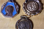 three yellow metal religious medals (m), tub 3