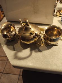 Three Piece Mid 20th Century Indian - Decorative Etched EPNS Brass Three Piece Tea set