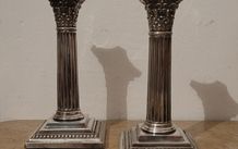 Antique pair of silverplate corinthian column candlesticks