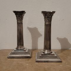 Antique pair of silverplate corinthian column candlesticks