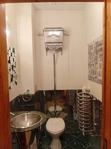 Silver, high level toilet cistern,downpipe and bowl
