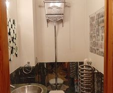 Silver, high level toilet cistern,downpipe and bowl