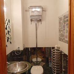 Silver, high level toilet cistern,downpipe and bowl