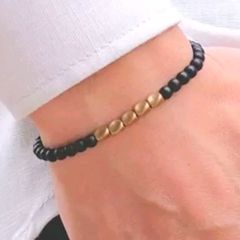 Handmade 4mm Natural Black Stone Beads Bracelet Small Copper Beaded