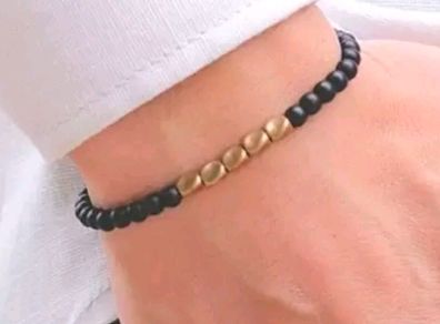 Handmade 4mm Natural Black Stone Beads Bracelet Small Copper Beaded