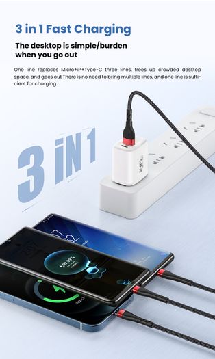 3in1 Super Charging Micro USB Type-C Lightning Fast Charger Cable Multi Port For Samsung and Apple