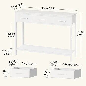 Console Table with 3 Fabric Drawers, Narrow Console Table with Open Shelf, 97 cm L Slim Entryway Table, Couch Table, for Hallway, Living Room, Bedroom, White
