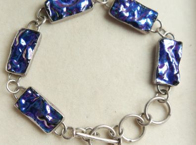 Vintage Sterling Silver 925 Dichroic Art Glass Link Bracelet Toggle Clasp Blue Color length 8,5" - 18,4g