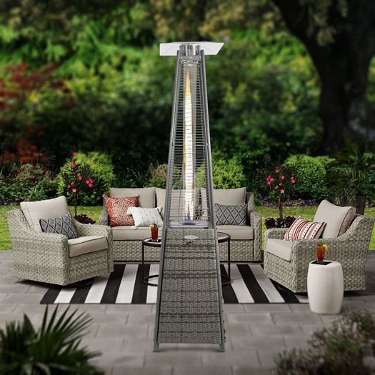 BU-KO Outdoor Patio Gas Heater | Garden, Camp, BBQ Parties | Grey Rattan Pyramid Style 13kw Propane Burner | Portable Wheels, Regulator & Hose | LPG Warm Heating Fire & Water Proof Cover Included