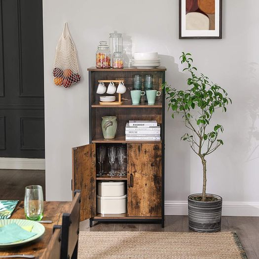_Bookcase, Book Cabinet, Office Shelf, Kitchen Cabinet with 2 Open Compartments, Adjustable Shelf in Cupboard, Multifunctional, Industrial Design, Vintage Brown/Black