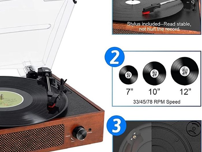 Bluetooth Record Player Belt-Driven 3-Speed Turntable, Vintage Vinyl Record Players Built-in Stereo Speakers, with Headphone Jack/Aux Input/RCA Line Out, Wooden (FREE POSTAGE)