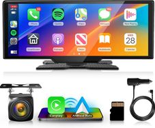 Portable Car Stereo with Wireless Carplay Android Auto, Rimoody 10.26 inch Touchscreen Portable Car Play Screen with Siri Transmission Bluetooth Rear Backup Camera Voice Control TF Card 9V-36V