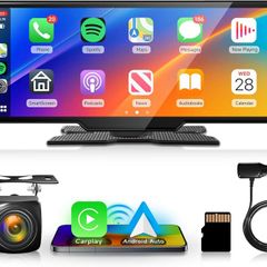 Portable Car Stereo with Wireless Carplay Android Auto, Rimoody 10.26 inch Touchscreen Portable Car Play Screen with Siri Transmission Bluetooth Rear Backup Camera Voice Control TF Card 9V-36V