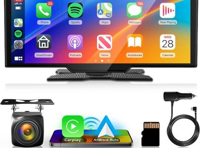 Portable Car Stereo with Wireless Carplay Android Auto, Rimoody 10.26 inch Touchscreen Portable Car Play Screen with Siri Transmission Bluetooth Rear Backup Camera Voice Control TF Card 9V-36V