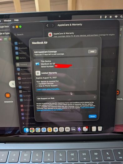MacBook air m4 13inch. Apple warranty till summer 27. Battery 100%. Black.