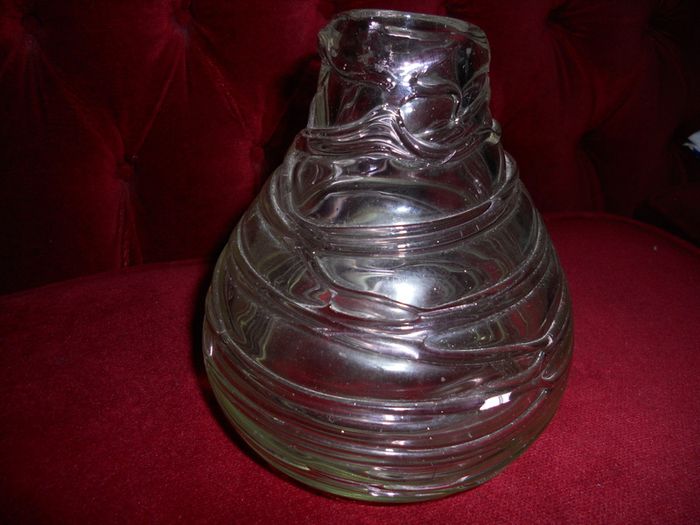 Antique 1920s Handmade Retro Blown Glass  Vase with Light Pink Webbing on Clear Glass