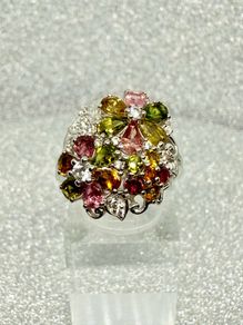 Multi-Tourmaline, White Zircon Floral Ring