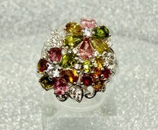 Multi-Tourmaline, White Zircon Floral Ring