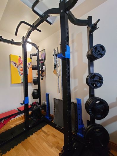 Half Rack with spotters and bench with attachments