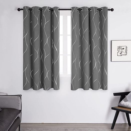 MULTIPLE SIZES AVAILABLE Blackout Curtains, Thermal Insulated Curtains, Wave Line Foil Printed Ring Top Curtains for Girls Bedroom, 46 x 54 Inch(Width x Length), Light grey, 2 panels (FREE SHIPPING)