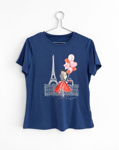 Pre Owned Navy Blue Paris Eiffel Tower Graphic T-Shirt