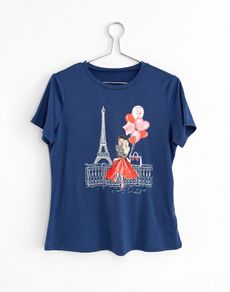 Pre Owned Navy Blue Paris Eiffel Tower Graphic T-Shirt
