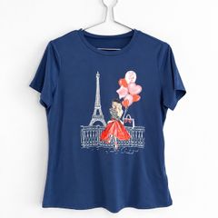 Pre Owned Navy Blue Paris Eiffel Tower Graphic T-Shirt