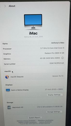 Apple iMac 27 Retina 5K 2019 Model Intel Core i5 3.7GHz 40GB RAM SSD Radeon Pro 580X 8GB