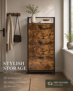 Rustic Brown Shoe Cabinet with 3 Flip Drawers Space Saving Storage