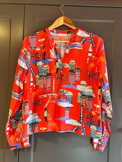 Eterna Red Parisian Print Viscose Blouse Shirt UK 10  Oversized Loose Fit Novelty France Scene