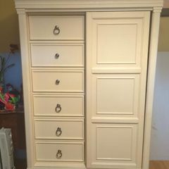 French Style Solid Wood Wardrobe & Chest Combination - Sliding Door, 8 Drawers, Shelving - Cream