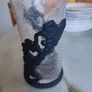 Vintage Art Nouveau  Clear Crackle Glass Vase (unmarked) w/ Ornate black metal Base / Holder. Image 7