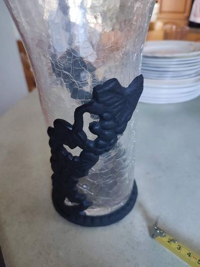 Vintage Art Nouveau  Clear Crackle Glass Vase (unmarked) w/ Ornate black metal Base / Holder.