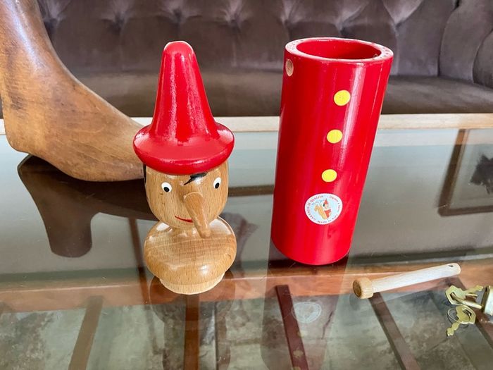 Vintage Tall Wooden Pinocchio Coin Bank with Lock and Keys Red Hand Painted Italy 29 cm