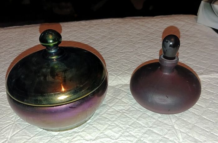 Dark plum iridescent art glass trinket box and perfume bottle