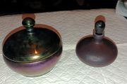 Dark plum iridescent art glass trinket box and perfume bottle