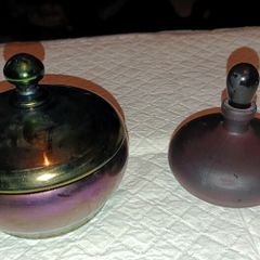 Dark plum iridescent art glass trinket box and perfume bottle