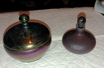 Dark plum iridescent art glass trinket box and perfume bottle
