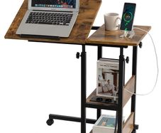 Laptop Table with Storage Side Table C-Shape with Wheels, Adjustable Table Top