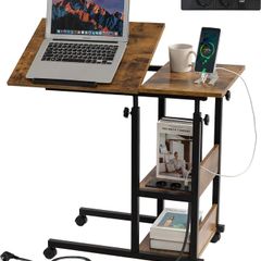 Laptop Table with Storage Side Table C-Shape with Wheels, Adjustable Table Top