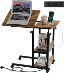 Laptop Table with Storage Side Table C-Shape with Wheels, Adjustable Table Top