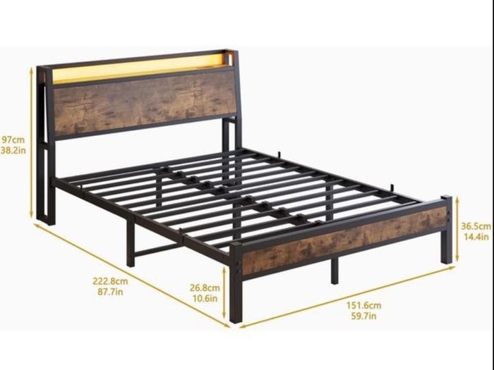 King Size Bed Frame with Wood Headboard Storage, Black Charging Station, LED Lights, Ergonomic 95-degree Headboard Angle, Heavy Duty Metal Slats,No Box Spring Needed,Easy Assembly