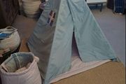 Kids teepee tent with cushions, storage basket and bunting